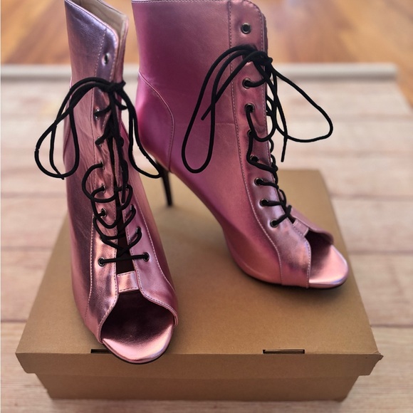 Pink Lace-Up Peep Toe Heeled Boots - Picture 2 of 6